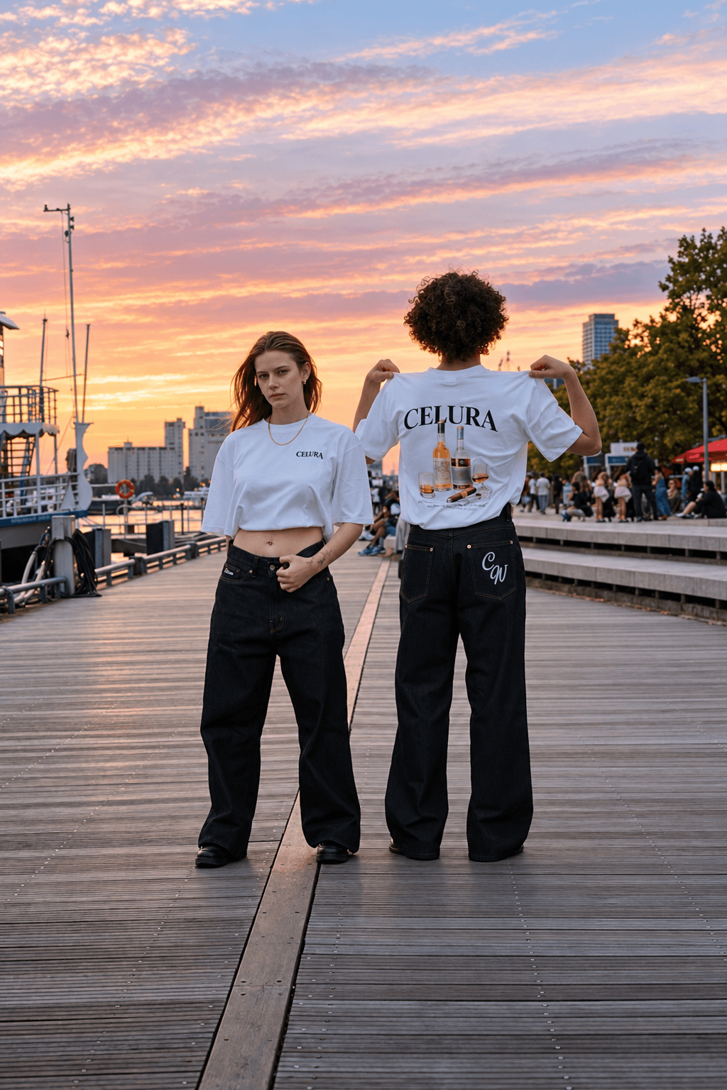 Two models showing Celura tees on a waterfront boardwalk